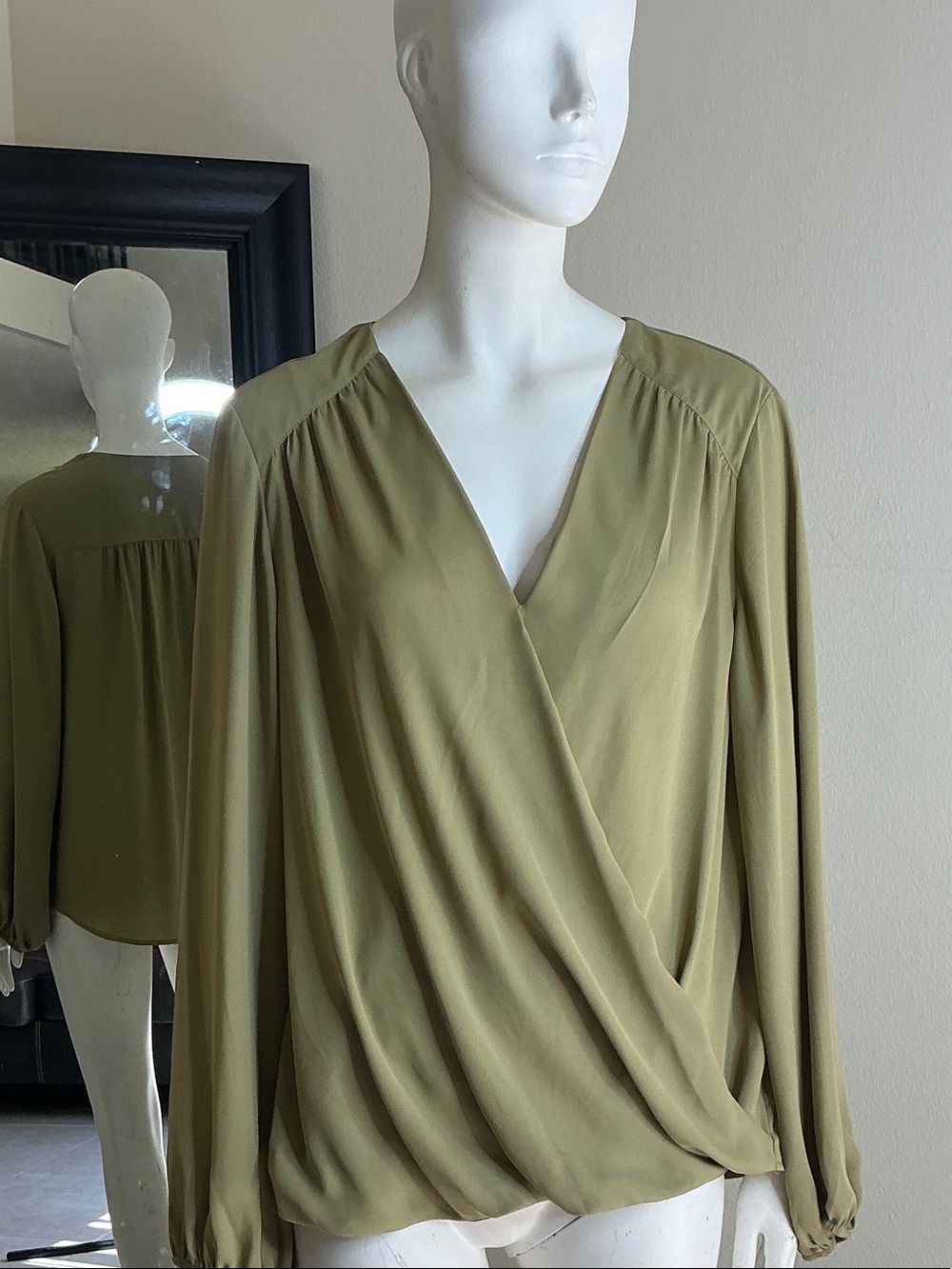 Olive Green Wrap-Front Long Sleeve Women's Blouse